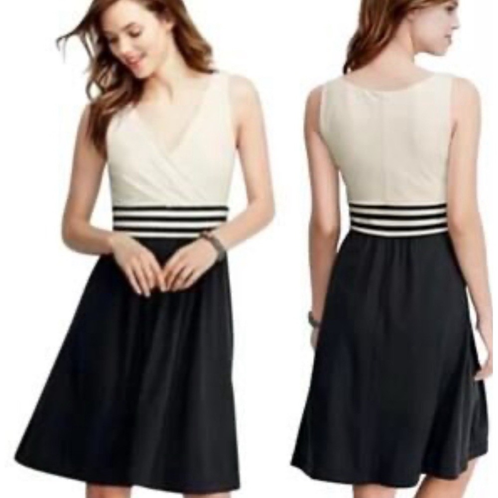 Lands‎ End Black White Stripe Surplice Fit Flare Dress Nautical Sailor Preppy S